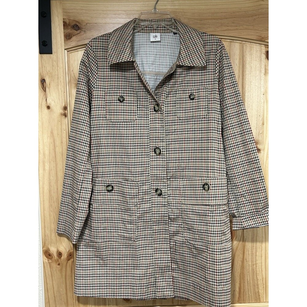 Cabi Houndstooth Belted Jacket Womens Green Red Brown Pockets NWOT M